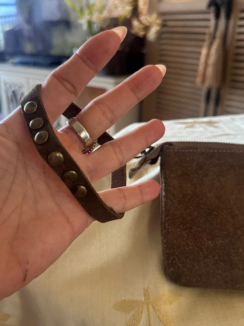 Prune, Handmade in Argentina Brown & Tan Suede & Stud Wristlet Wallet / Bag.